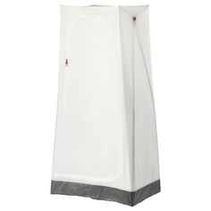 a white shower with grey trim on the sides and a red button at the top