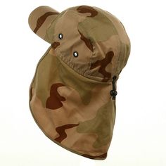 Camouflaged Sun CapMade from 65% Polyester and 35% Cotton.Pre Curved Bill measures 3" Long.One Size with Elastic Closure fits up to XL.Crown features 5 Panels, with an attached fabric flap 7 1/2" long. Planning your next camping trip or hiking adventure, make sure ourcamouflage Sun Cap with Flap is on your checklist. Made from a unique blend of cotton and, this hat is ideal to take along on small outdoor excursions, offering all the protection of our much bigger caps, without all the unnecessary Casual Adjustable Windproof Bucket Hat, Casual Windproof Visor Hat, Outdoor Visor Cap, Adjustable Khaki Hat For Hunting, Adjustable Khaki Hunting Hat, Adjustable Windproof Military Hat, Brown Military Hat, One Size Fits Most, Brown Visor Sun Hat For Outdoor Activities, Brown Visor Sun Hat For Outdoor