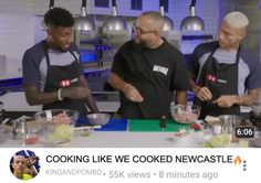 three men in aprons standing around a table with food on it and cooking like cooked newcastle