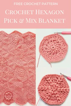 the crochet hexagon pick and mix blanket is shown in pink yarn