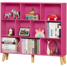 a pink book shelf filled with lots of books