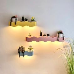 three planters are placed on the wall with plants growing out of them, and one is illuminated