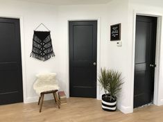 a room with two black doors, a white chair and a potted plant on the floor