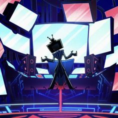 an animated character is standing in front of some televisions and speakers on a stage