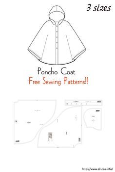 the poncho coat sewing pattern is shown in three sizes