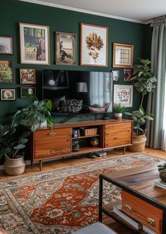 Two Accent Walls In One Room, Boho Design Living Room, House Walls Ideas, House Vibes Aesthetic, Living Room Decor Green Accents, Tv Cabinet Wall Design For Living Room, Hunter Green Walls Living Room, Tv Wall Gallery Ideas, Cute House Decorations