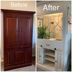 before and after pictures of an aquarium cabinet