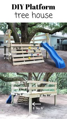 the diy platform tree house is made from wooden pallets and has a slide