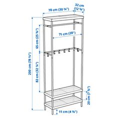 a tall shelf with three shelves and measurements