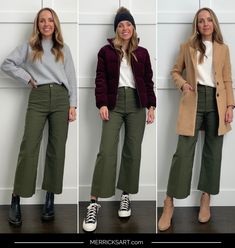 Can You Wear Cropped Wide Leg Pants in Winter Outfits? - Merrick's Art Wide Legged Pants Outfit Winter, Lulu Lemon Wide Leg Pants Outfit, Spring Outfits Brunch, Green Cord Trousers Outfit, Green Cords Outfit, Green Barrel Pants Outfit, Cropped Wide Leg Pants For Work, Womens Wide Leg Pants Outfit, Green Jeans Outfit Winter