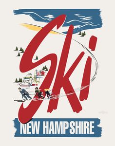 Ski New Hampshire Magnet Old Skis, Vintage Ski Posters, Ski Poster, Ski Print, Printed Magnets, Retro Ski, Ski Posters, Backer Board, Print Greeting Cards