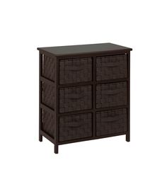 a brown cabinet with four baskets on it