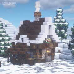 an image of a house made out of wood and white bricks in the middle of snow