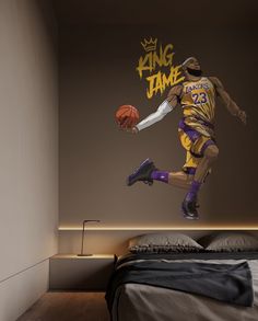 a basketball player jumping in the air with a ball on his feet and wearing purple socks