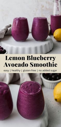 lemon blueberry avocado smoothie recipe on a white plate with fresh fruit in the background