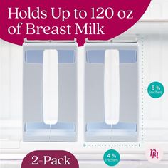 two packs of breast milk are shown in front of an open refrigerator door with the words holds up to 120oz of breast milk