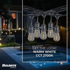 an advertisement for bulbrite's new outdoor lighting system, get the look warm white cct 200k