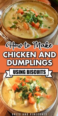 two bowls filled with chicken and dumplings on top of a wooden table next to carrots