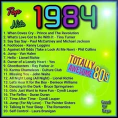 an advertisement for the top hits album, featuring various names and numbers on green background