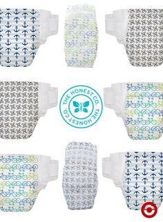 six different styles of baby diapers with anchors and circles on them, all in various colors