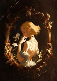 a painting of a woman holding flowers in front of her face and looking into the mirror