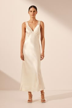 La Lune Plunged Midi Dress | Cream | Dresses | Shona Joy White Silk Reception Dress, Upstate Wedding, Cream Dresses, Shona Joy Dress, Pinterest Predicts, Plunge Midi Dress, Kauai Wedding, Shona Joy, Photoshoot Dress