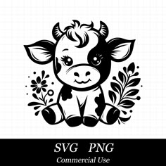 a black and white cow with flowers on it's head, sitting in front of a