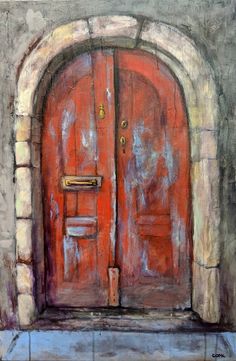 an oil painting of a red door