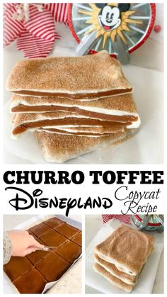 a bunch of food that is on top of a white plate and in front of the words churro toffe disneyland