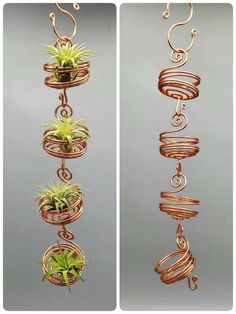 three different types of hanging planters made out of copper wire with plants in them