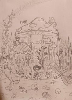 a pencil drawing of a mushroom house surrounded by flowers and insects in the grass,