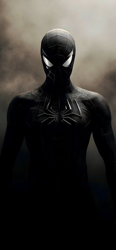 a black spider man standing in front of a cloudy sky with his hands on his hips