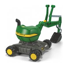 a green toy tractor with yellow wheels