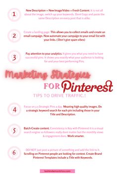 an info sheet with the words marketing strategy for pinterest tips to drive traffic