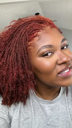 Auburn Hair Color Locs, Sisterlock Hair Color, Sisterlock Color Ideas, Auburn Sisterlocks, Coloured Microlocs, Short Microlocs Updo Styles, Copper Brown Locs Black Women, Chocolate Brown Microlocs, Pipe Cleaner Sister Loc Styles