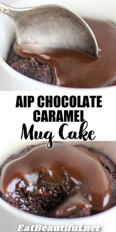 two pictures of chocolate caramel mug cake in white bowls with spoons and text overlay that reads, air chocolate caramel mug cake