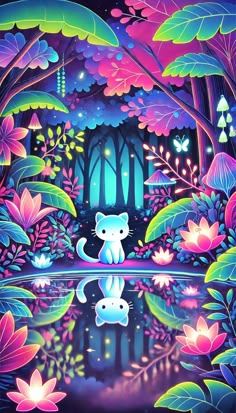 a painting of a cat sitting in the middle of a forest with flowers and trees