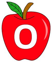 an apple with the letter o on it