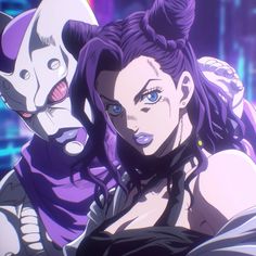 two anime characters one with purple hair and the other wearing black, standing next to each other