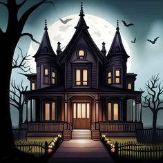 a creepy house with bats and pumpkins on the front yard at night time,