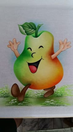 a painting of an apple running with its hands in the air