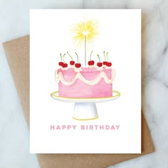 Sparkler Cake Greeting Card  Abigail Jayne Design Cherry Birthday Cake, Birthday Card Drawing, Birthday Cake Card, Good Luck Cards, Mom Cards