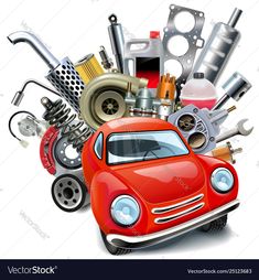 a red car surrounded by various types of engine parts and tools stock photo - 9579