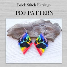 a pair of earrings with colorful beads on it and the words, brick stitch earrings