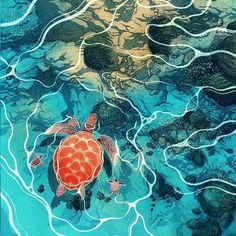 a painting of a turtle swimming in the ocean with rocks and algaes around it