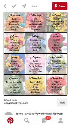 a table with different flowers on it and the names of each flower arrangement in them