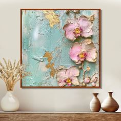 an abstract painting with pink flowers on a blue background