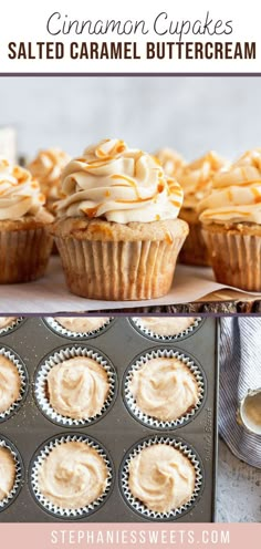 some cupcakes with frosting in them and the words cinnamon cupcakes salted caramel buttercream