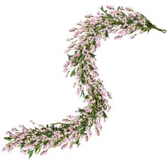 pink and white flowers are arranged in the shape of a curved branch on a white background