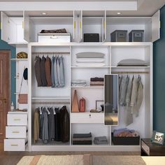 an organized closet with clothes, shoes and other items on it's shelves in a bedroom